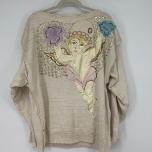 SZATO Knit Sweater Embellished Cherub Angel Gold Sparkle Made in‎ USA Size L